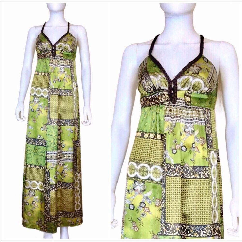 Patchwork Satin Sleeveless Maxi Dress Green Gold Black V-neck by S-12